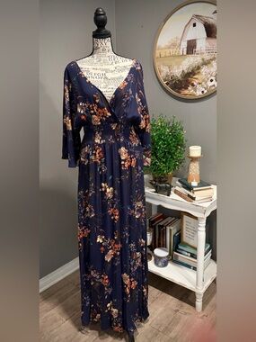 ODDY Navy Floral Wrap Maxi Dress with Cream & Coral Blooms